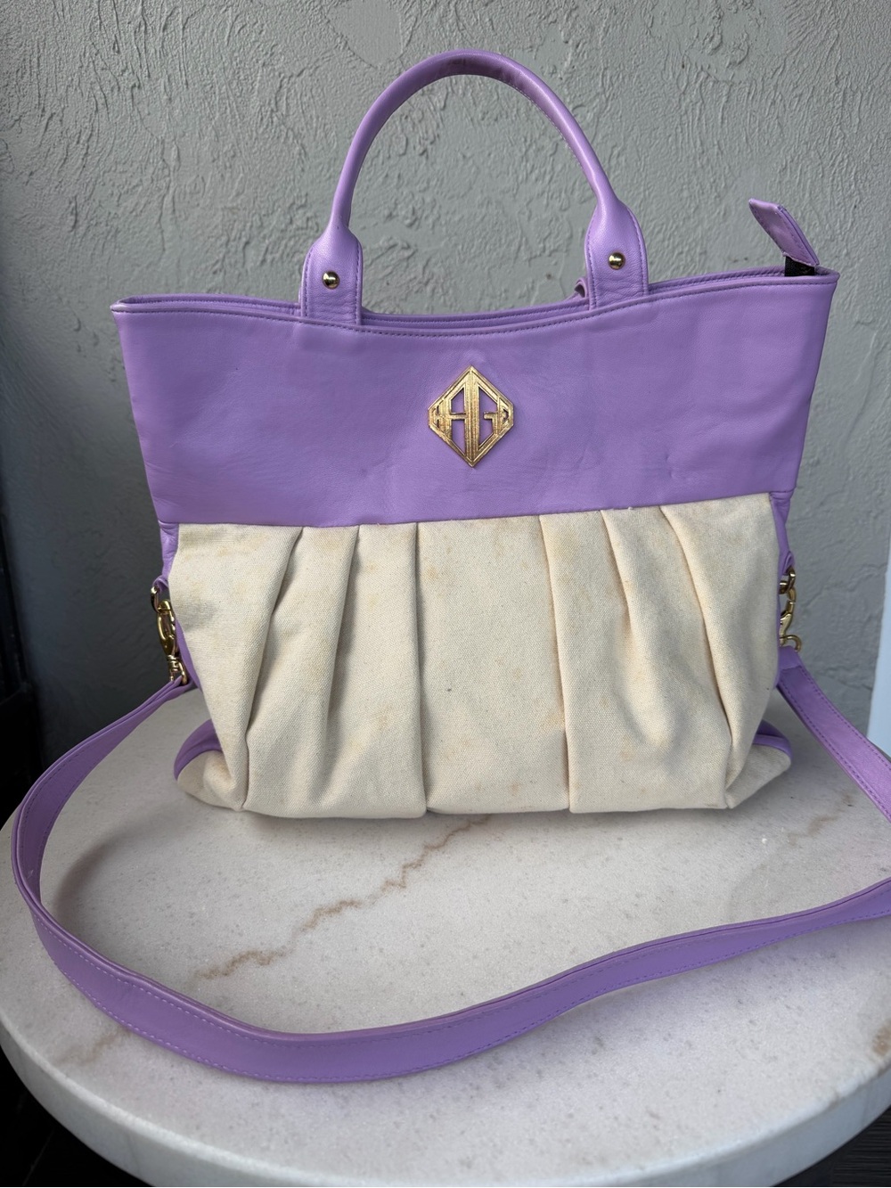 Lavender Kage Margaux tote canvas and leather with distinct geometric gold logo